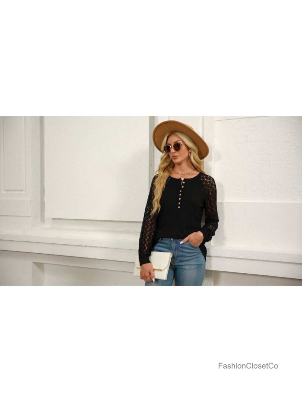 Women's Lace Henley Long Sleeve T-Shirt Casual Blouse Top - Picture 6 of 6